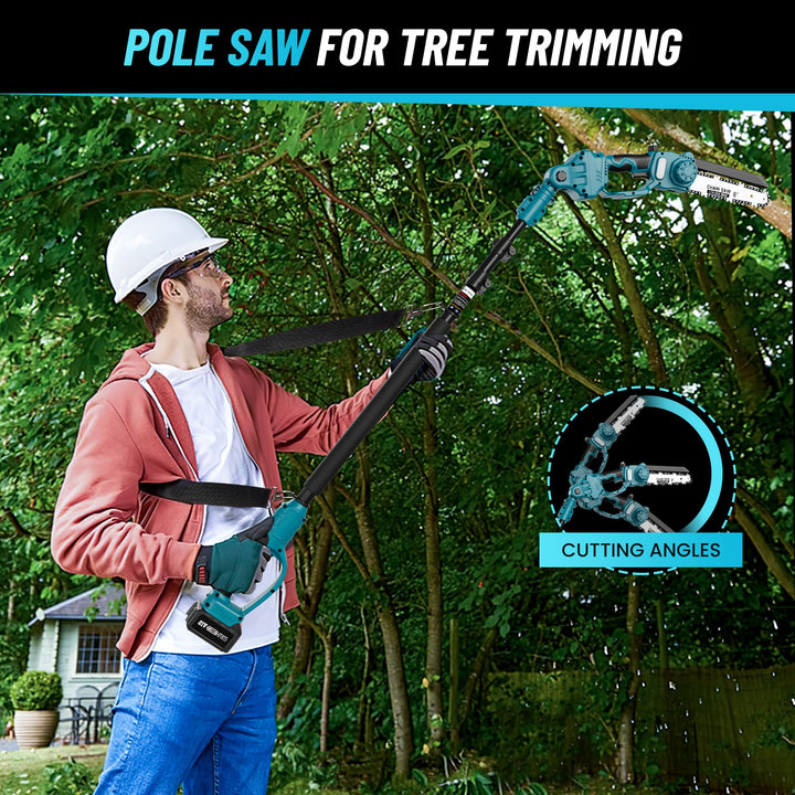 Cordless electric tree trimmer kit with chainsaw & pole saw attachments, ready for serious yard work.