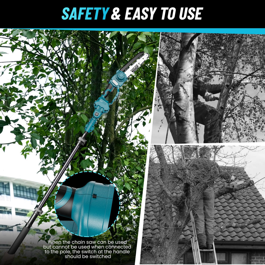 Brushless cordless electric chainsaw delivering efficient power for quick tree trimming and outdoor gardening.