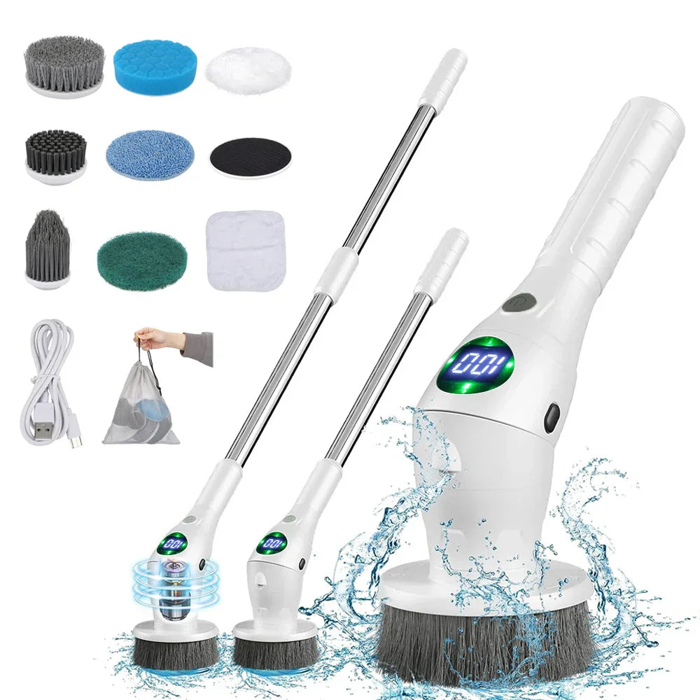 Cordless electric cleaning brush with adjustable handle, 8-in-1 tool for home cleaning