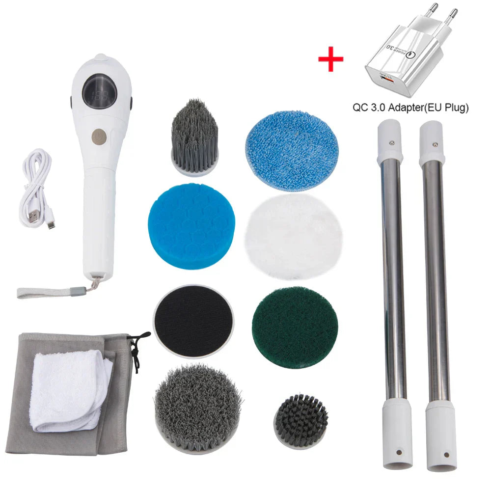 Rechargeable power scrubber with adjustable reach, ideal for versatile household cleaning