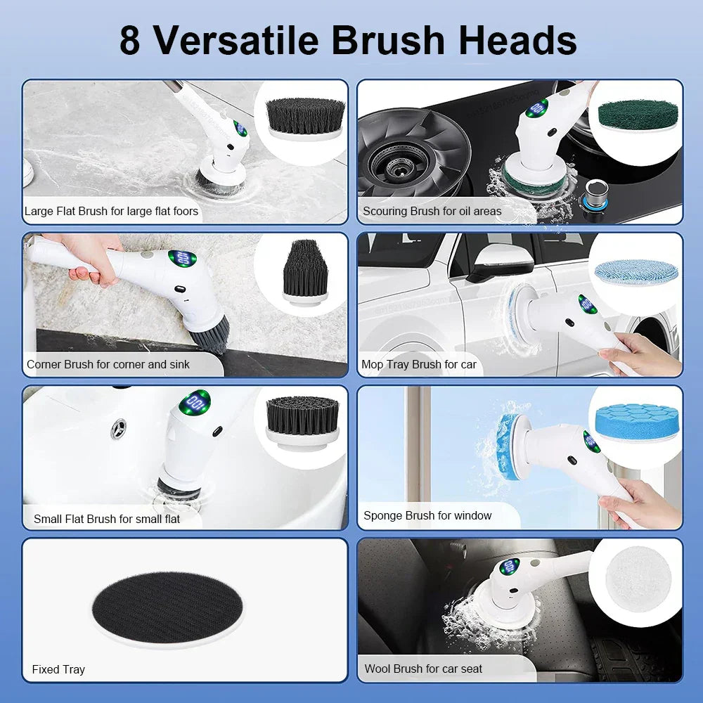 Powerful rechargeable electric scrubber with a long, adjustable handle for home cleaning