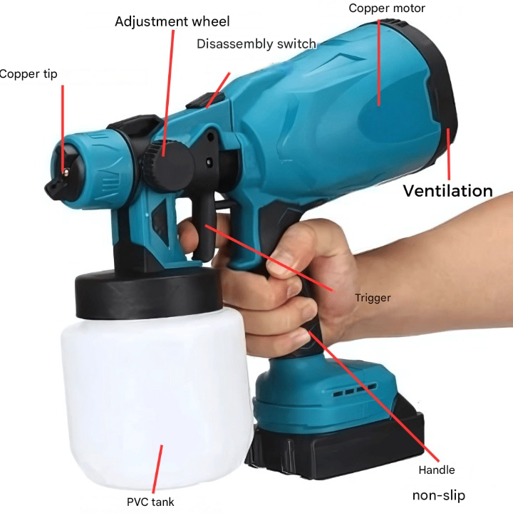 Adjustable flow cordless electric paint sprayer, ideal for DIY painting & garden projects