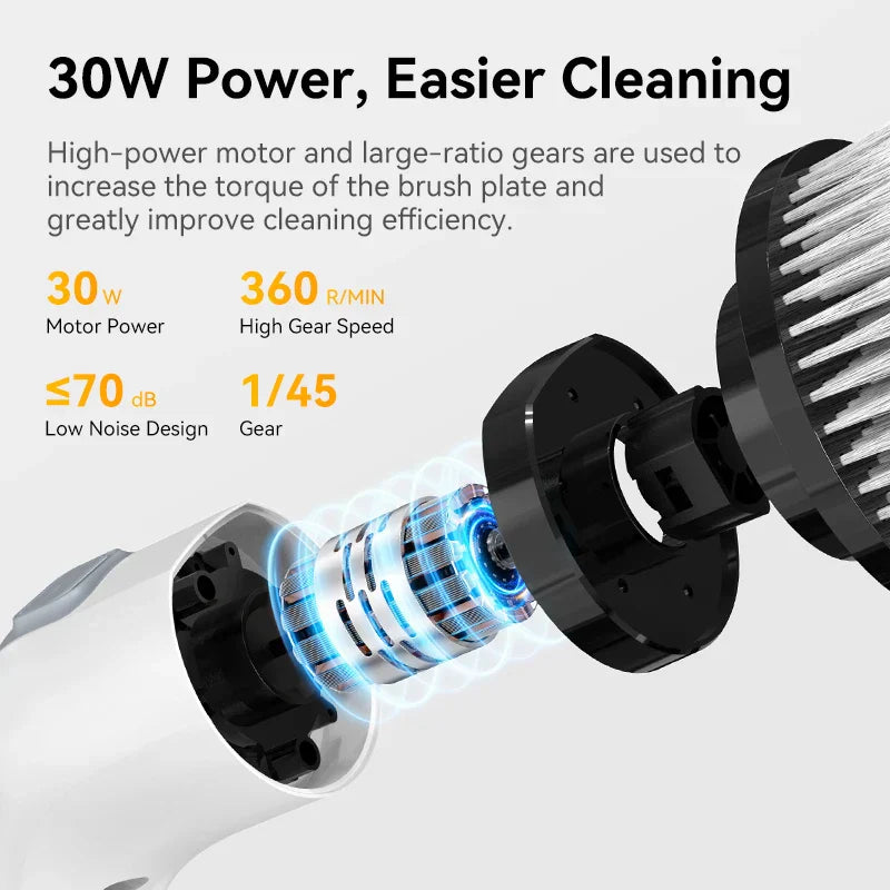 Rechargeable cordless spin scrubber with seven interchangeable heads for tough stains