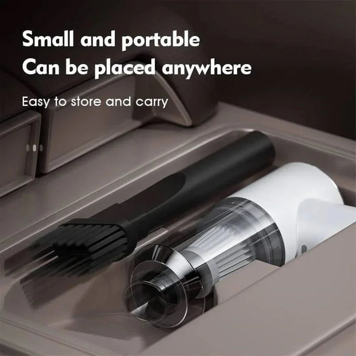 Wireless handheld car vacuum with strong suction for portable wet/dry auto cleaning.