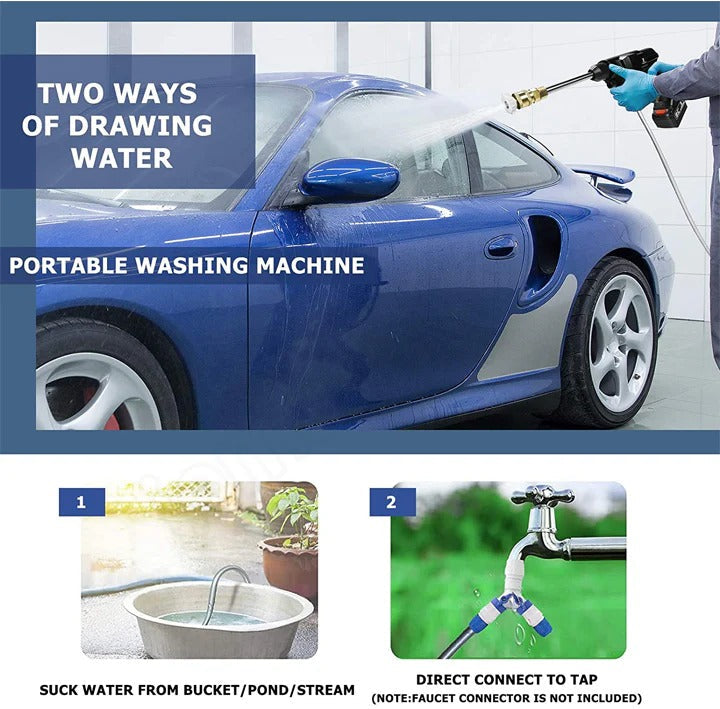 Compact cordless pressure washer, perfect for vehicle cleaning, car wash, and quick outdoor tasks.