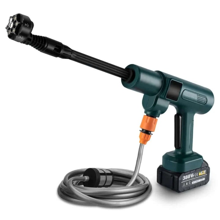 Cordless high-pressure washer, HydroSwift, cleaning a car, portable & powerful.