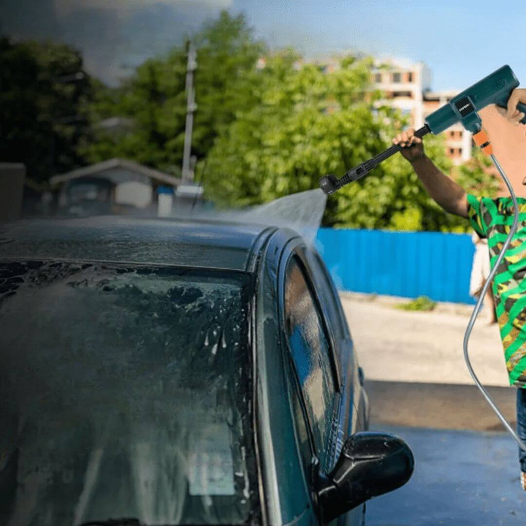 Rechargeable high-pressure cleaner, HydroSwift, with portable design for car care.