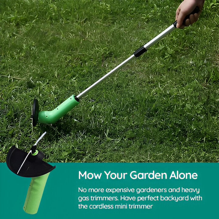 Compact cordless mini weed trimmer, ergonomic design for comfortable lawn care. Portable edge trimmer for garden maintenance.