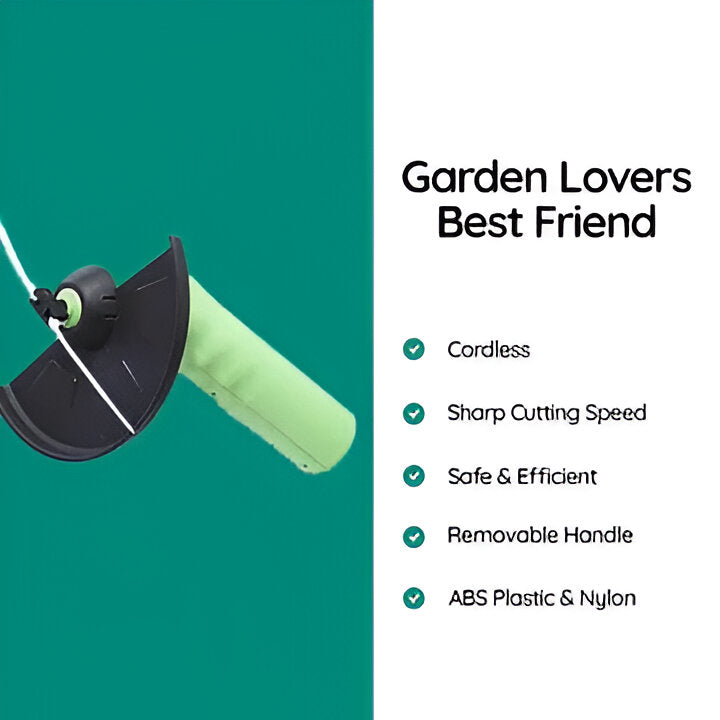 Cordless mini weed trimmer expertly trimming lawn edges. Portable, lightweight garden tool for neat yard work & maintenance.