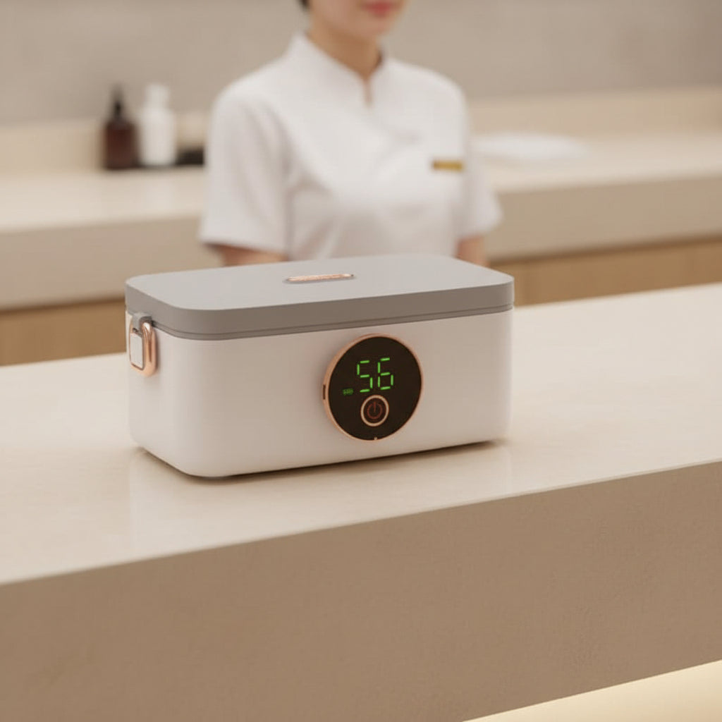 Stainless steel portable heated lunch box, perfect for warming office lunch or meal prep with no cords.