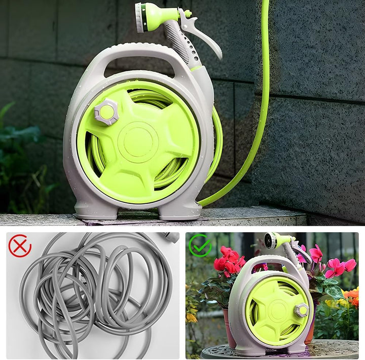 Corvina compact hose reel and 15m pipe set, great for garden care and outdoor cleaning tasks.