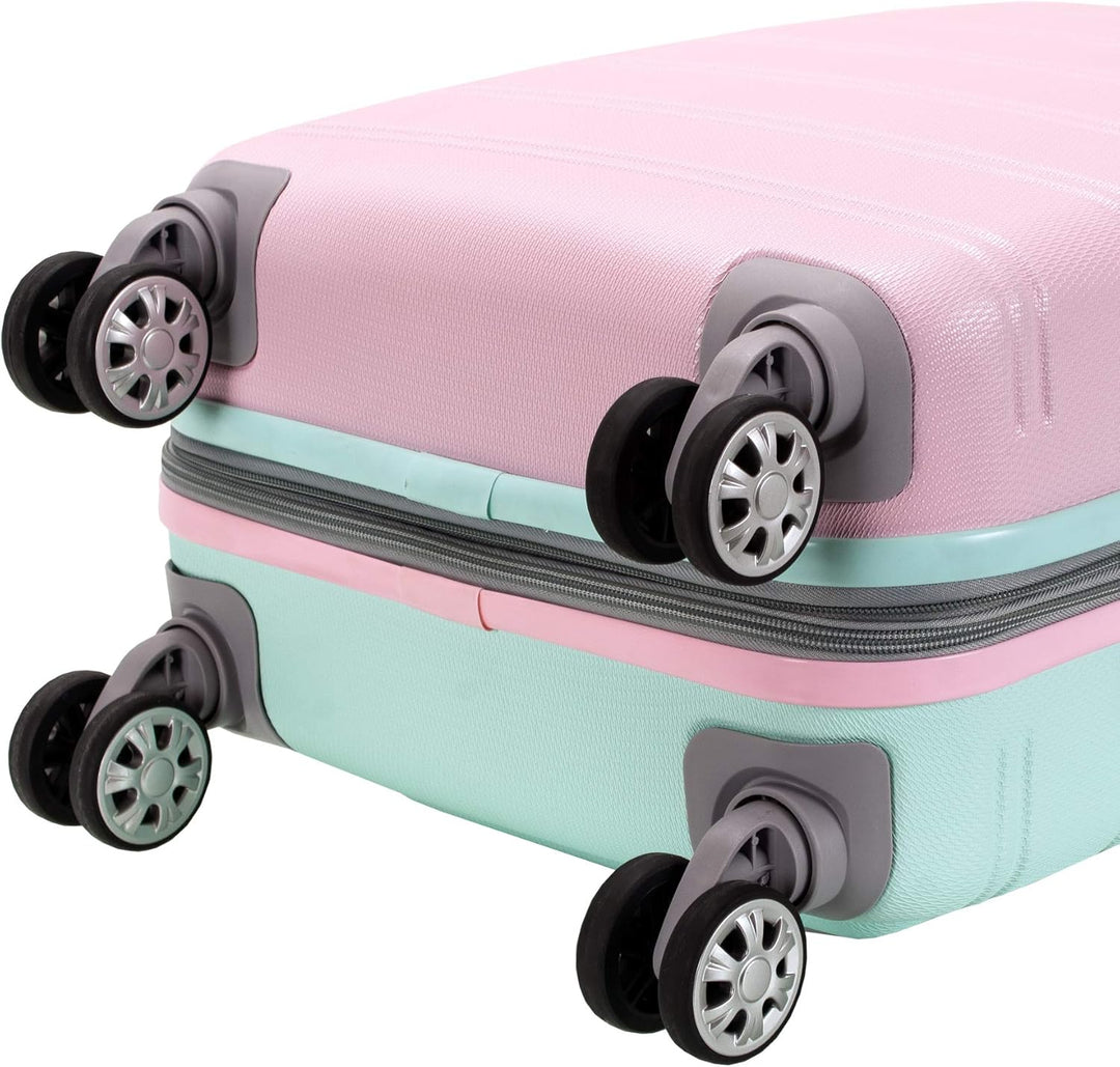 Cotton Candy hardside carry-on luggage from the side, highlighting its expandable zipper feature.