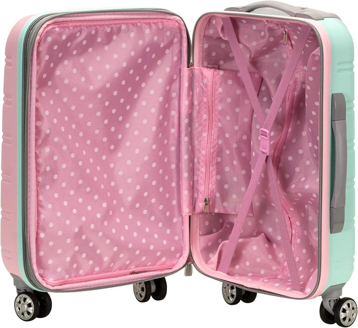 Durable Cotton Candy hardside carry-on with double spinner wheels, ideal for frequent travelers.