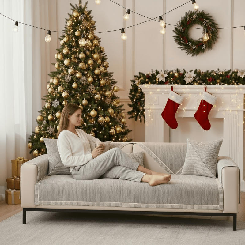 Secure non-slip cotton-linen sofa cover, ideal for pet-friendly homes & active living rooms.