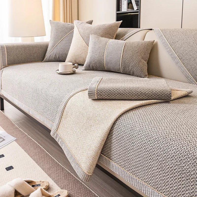 Durable cotton-linen blend sofa protector, soft and easy care couch shield for everyday use.