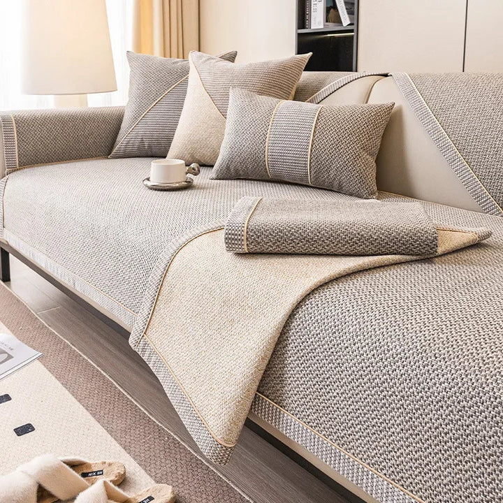 Durable cotton-linen blend sofa protector, soft and easy care couch shield for everyday use.