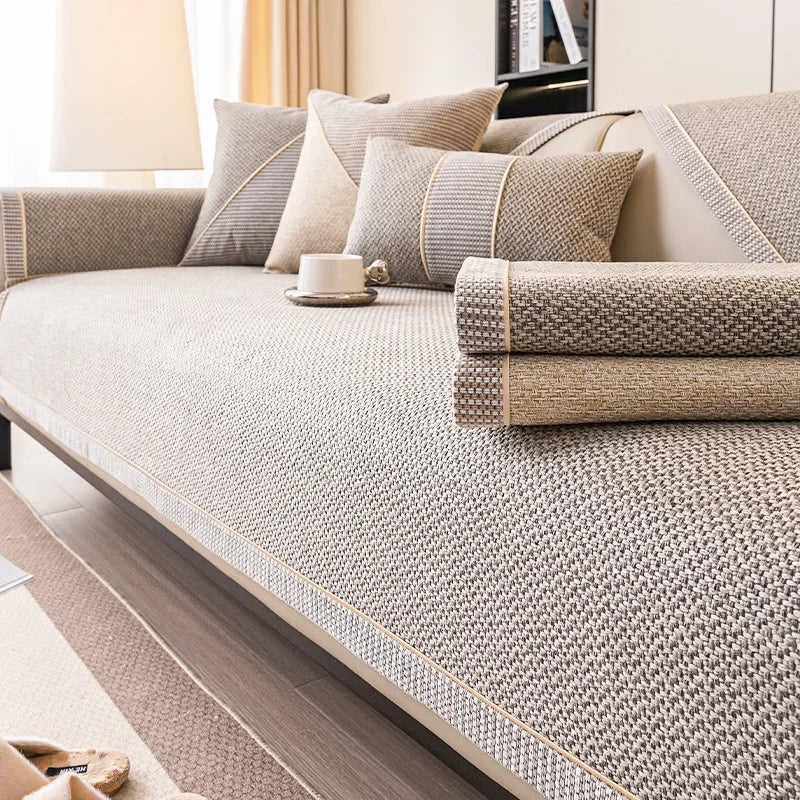Stylish cotton-linen throw cover, enhancing living room decor with a non-slip design.