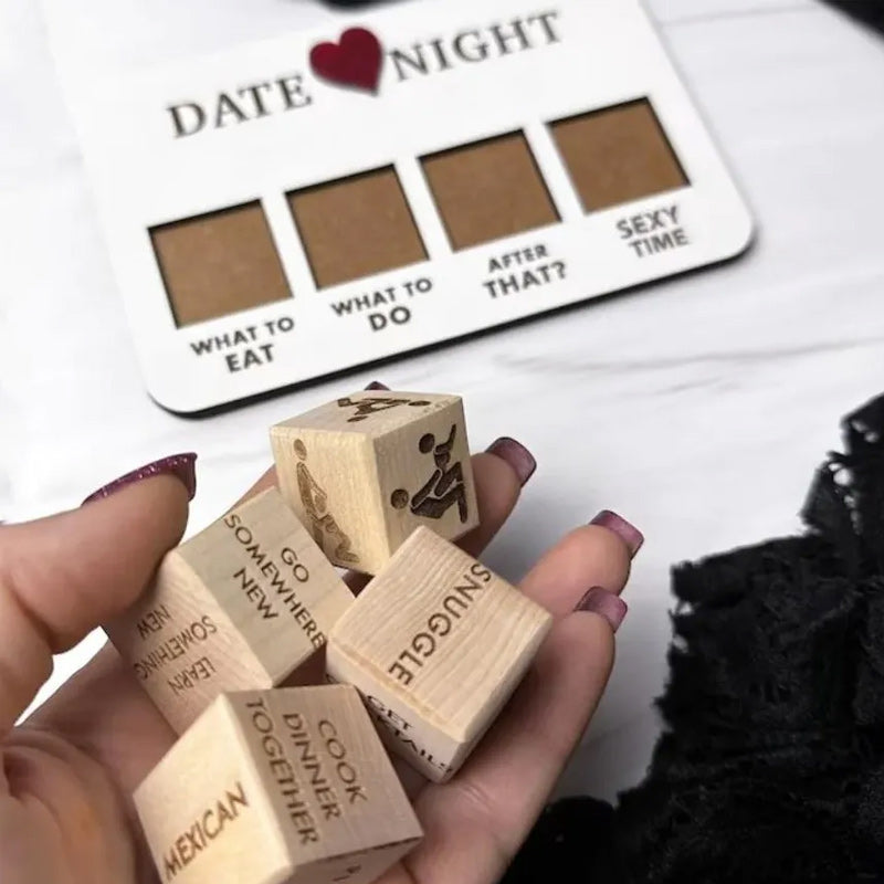 Elegant wooden RomanceRoll dice game, perfect for couples seeking interactive and romantic date nights.