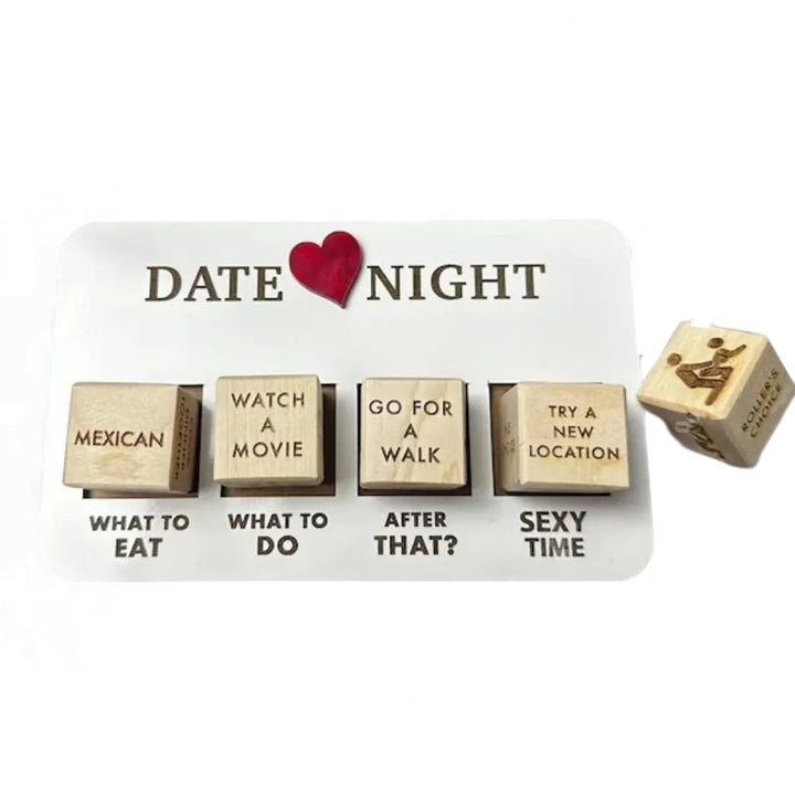 Unique gift for couples: RomanceRoll, a beautifully crafted wooden dice game for spontaneous date nights.