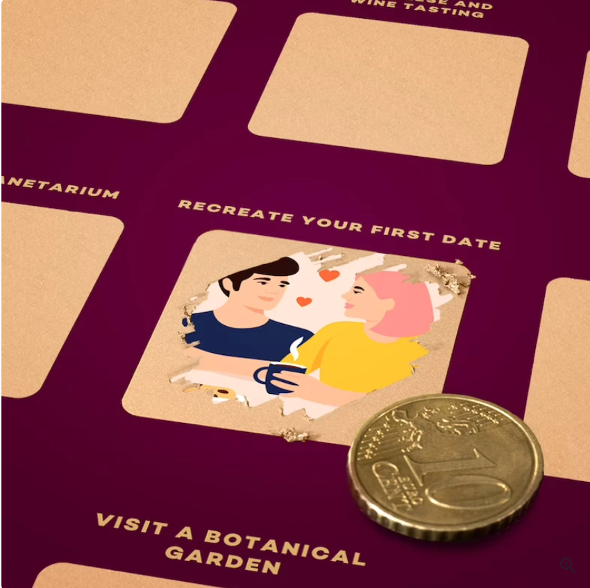LoveQuest activity calendar: 100 surprise scratch-off date ideas for couples' fun & romantic adventures.