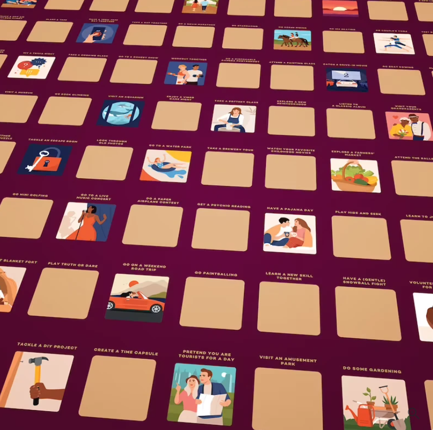 Illustrated scratch-off calendar for couples, showcasing 100 unique romantic date night ideas. Great relationship gift.