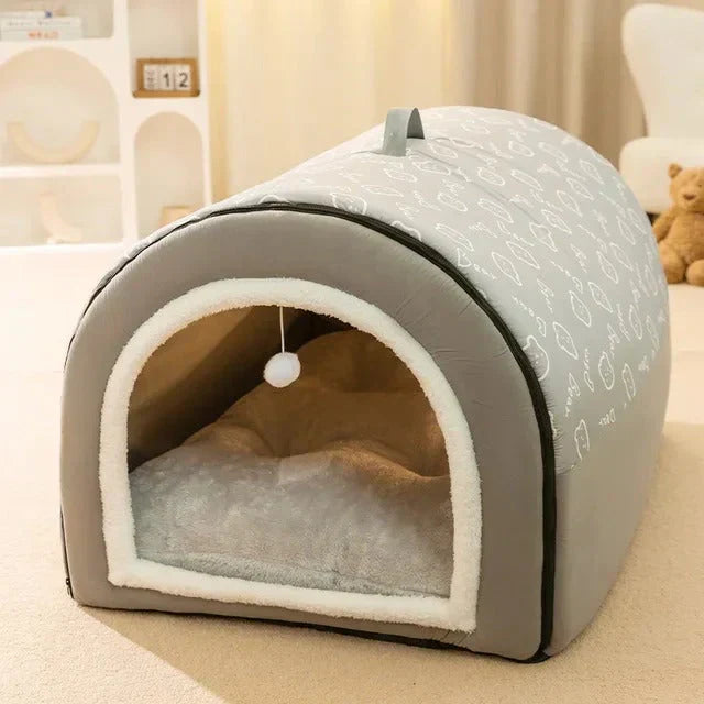 Cozy brown pet cave bed for cats & small dogs. Enclosed design provides comfort & security. Washable animal den.