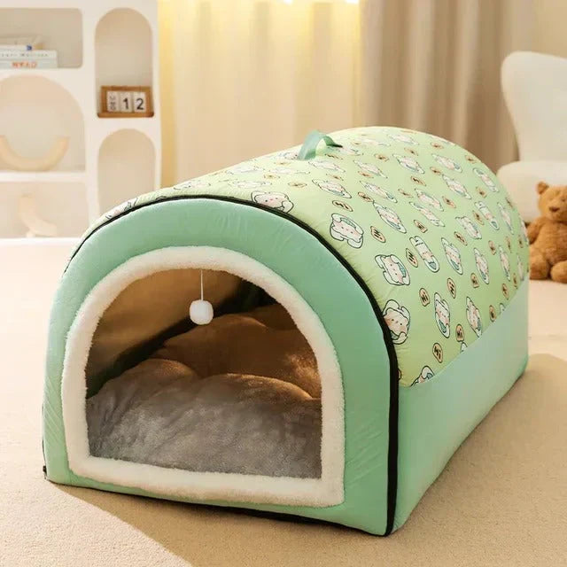 Enclosed gray pet cave bed for cats & small dogs. A comfortable & washable animal den for your furry friend.