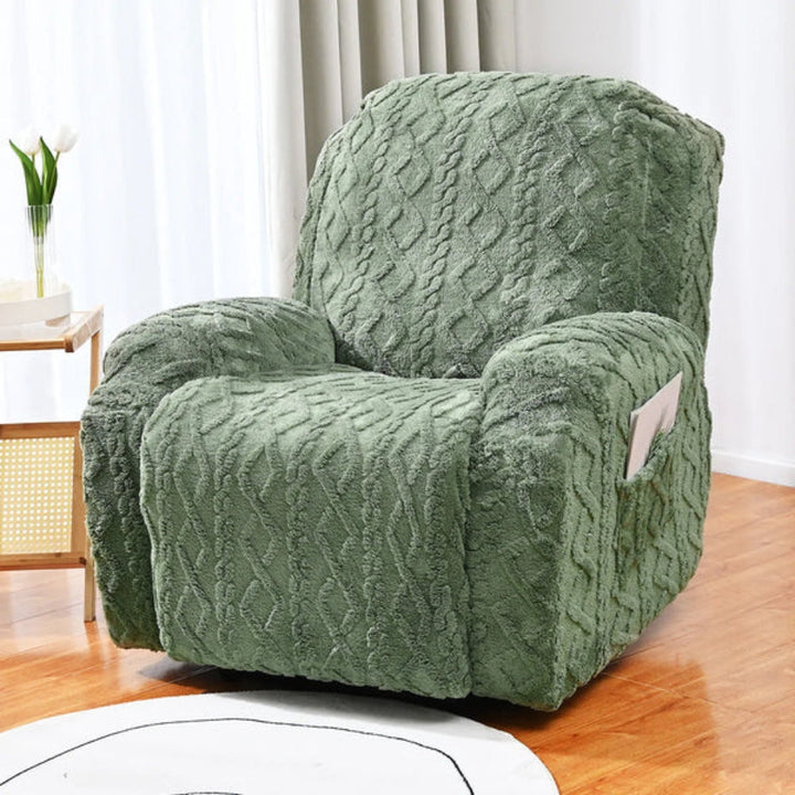 Cozy cable knit jacquard plush recliner cover, a soft furniture protector for living room comfort and style.