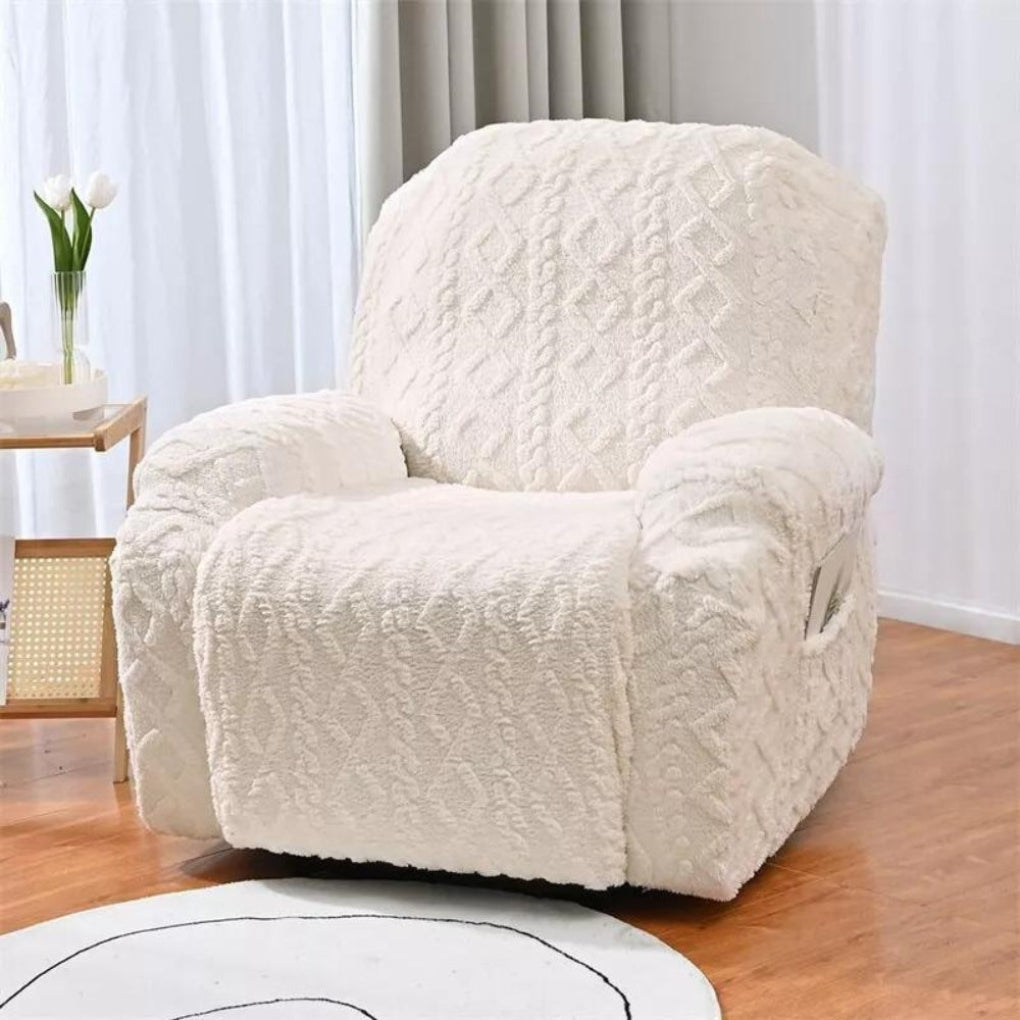 Luxurious plush cable knit recliner cover, a warm jacquard furniture protector for cozy winter home decor.