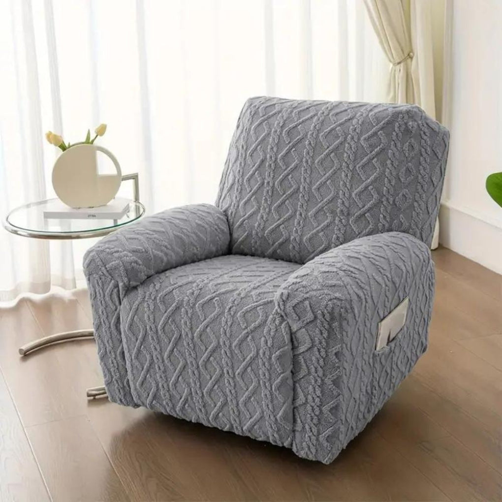 Stylish jacquard cable knit recliner slipcover. Plush fabric furniture protector enhances living room decor, perfect for chairs.