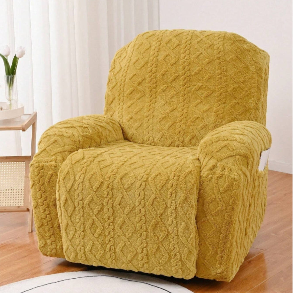 Soft plush cable knit recliner cover, a durable jacquard furniture protector for living room sofa & chair comfort.