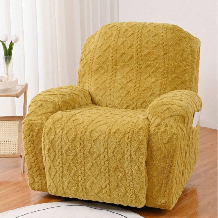 Soft plush cable knit recliner cover, a durable jacquard furniture protector for living room sofa & chair comfort.