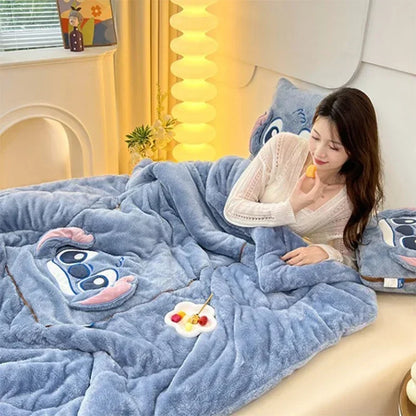 Home textile set: Plush cartoon blanket and cozy cushion. Living room decor.