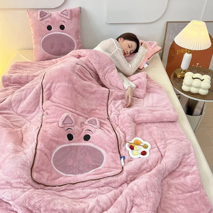 Cozy cartoon throw blanket & cushion. Plush home decor for all ages.