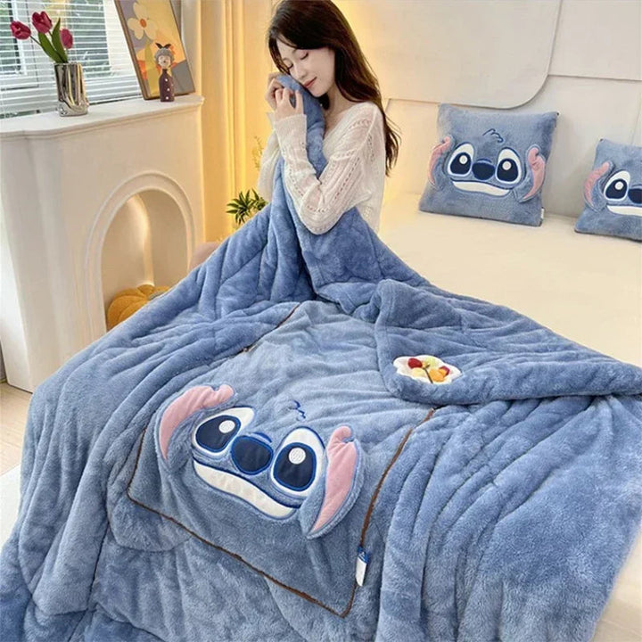 Plush cartoon blanket & cushion, a cozy textile set for home decor.