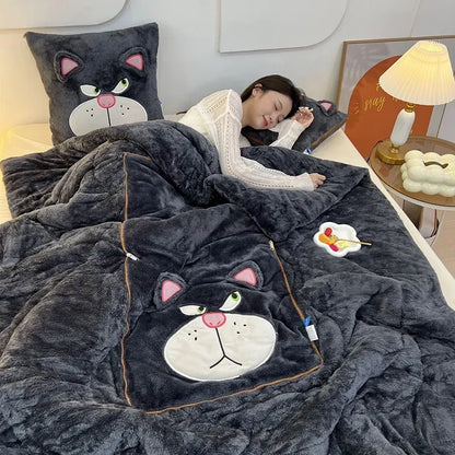 Kids decor: Cozy cartoon plush blanket set. Soft fleece cushion included.