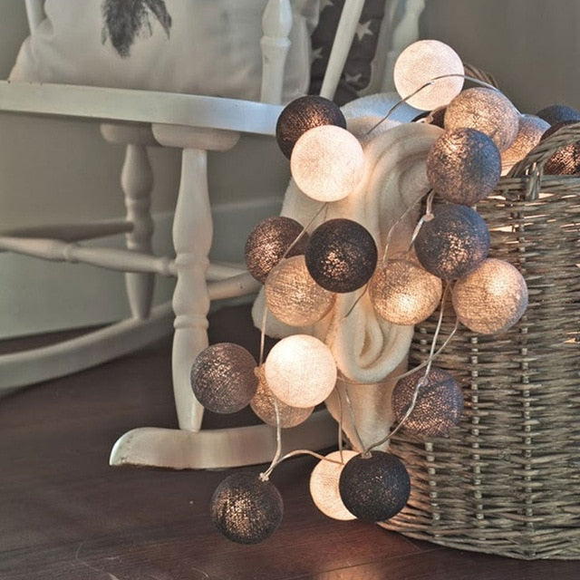 Colorful LED cotton ball string lights, perfect for festive party decorations & room decor.