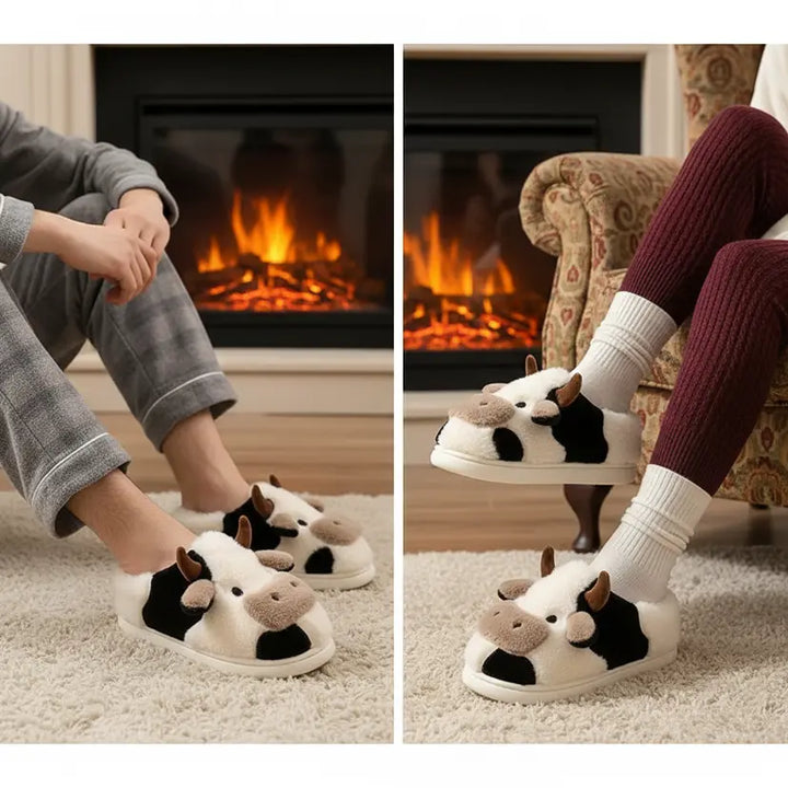 Cozy cow plush warming slippers for ultimate winter comfort, unisex design