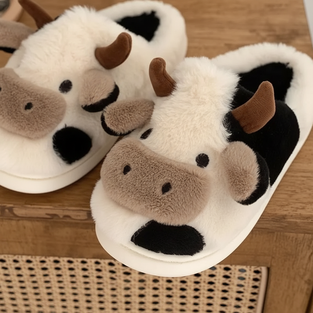 Plush house shoes shaped like a cow, offering warmth and soft comfort