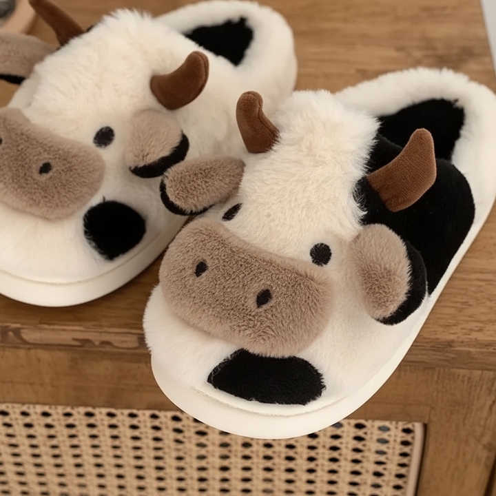 Plush house shoes shaped like a cow, offering warmth and soft comfort