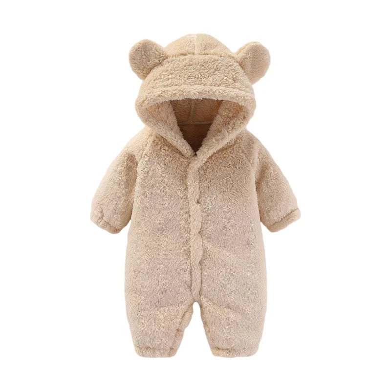 Warm hooded fleece romper for infants. Cozy CuddleCub baby onesie, perfect for comfortable sleepwear.
