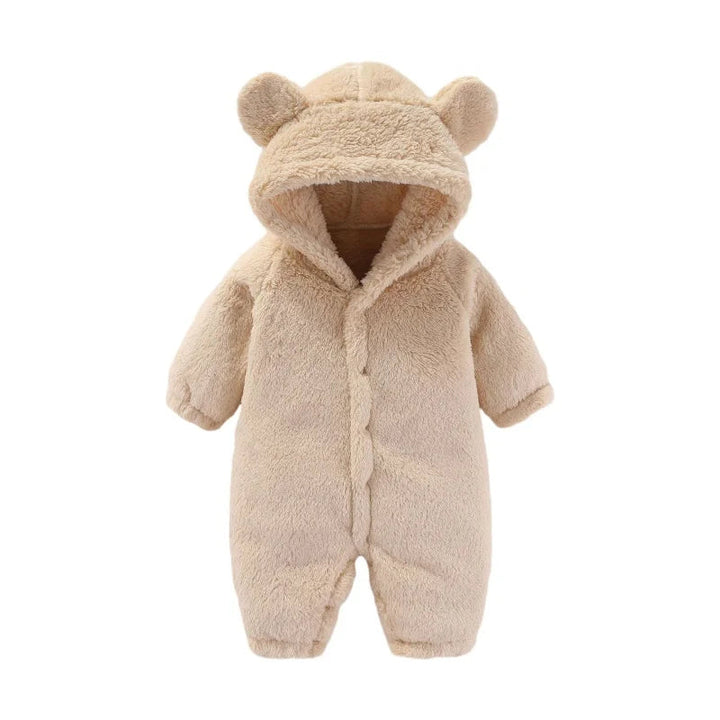 Warm hooded fleece romper for infants. Cozy CuddleCub baby onesie, perfect for comfortable sleepwear.