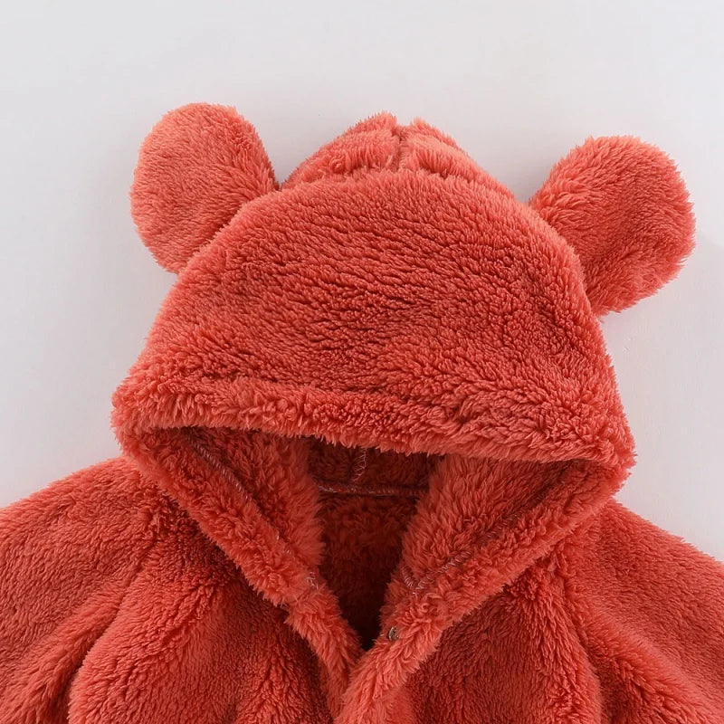 CuddleCub baby fleece romper. Warm & cozy hooded toddler jumpsuit for comfortable winter wear.