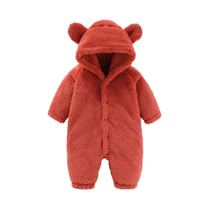 Warm baby fleece onesie, perfect CuddleCub hooded jumpsuit for cozy toddler sleepwear & play.