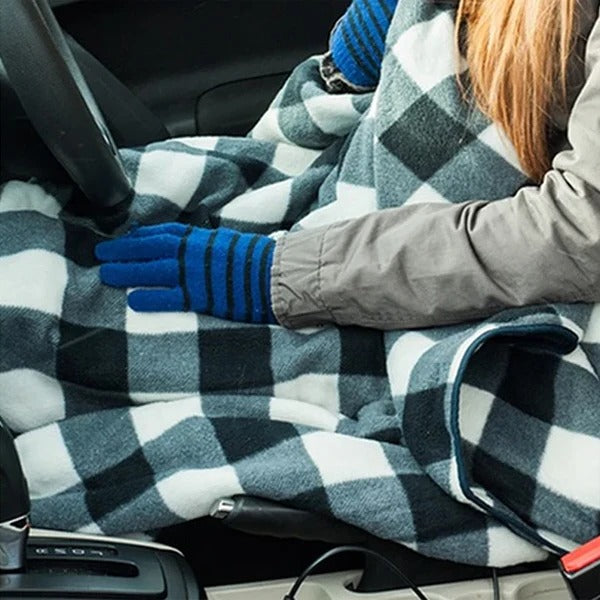 Cozy electric heated throw blanket, soft blue plaid, for ultimate home comfort and warmth with adjustable heat.