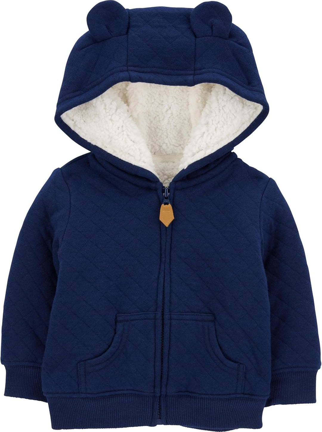 Cozy fleece-lined baby hoodie in a soft, neutral color, perfect for infant outerwear.