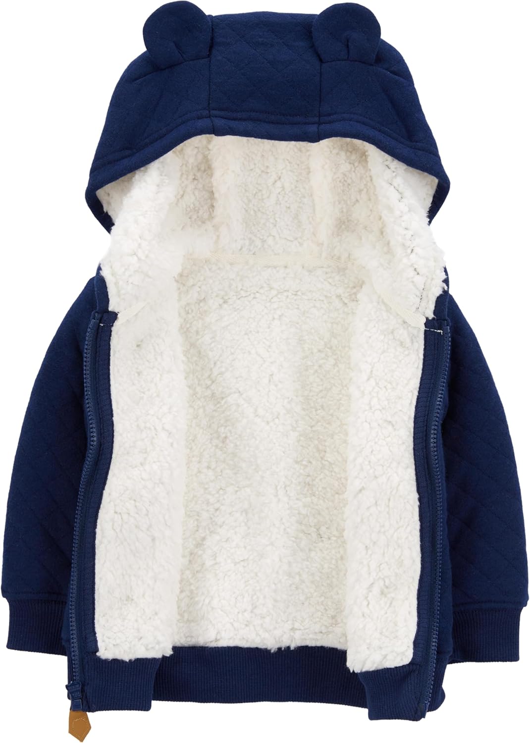 Sherpa-lined baby hoodie with a warm hood, ideal for winter baby gear and infant apparel.