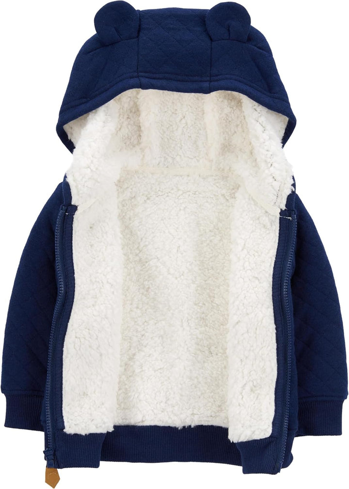Sherpa-lined baby hoodie with a warm hood, ideal for winter baby gear and infant apparel.