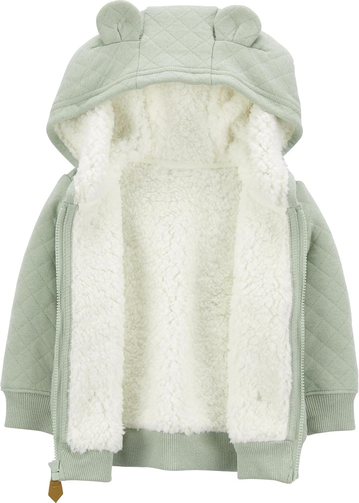 Adorable baby hoodie, fleece-lined with a protective hood, essential cozy baby clothes.