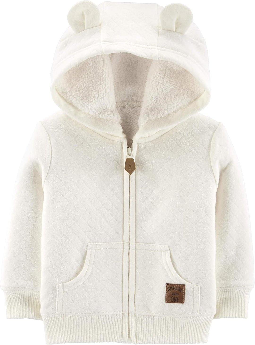 Infant apparel: a warm fleece-lined baby hoodie with ribbed cuffs and hem, winter ready.